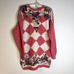 Melbourne Country Vintage Pink Argyle Floral Knit Pullover Sweater medium